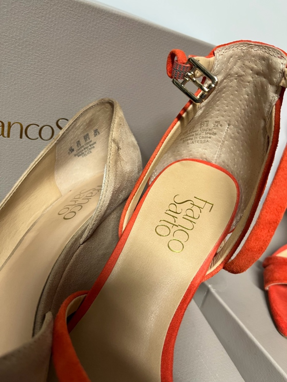 2 pairs Franco Sarto Orange Suede Ankle-Strap Pump sandals/cream suede wedges. - Picture 2 of 6